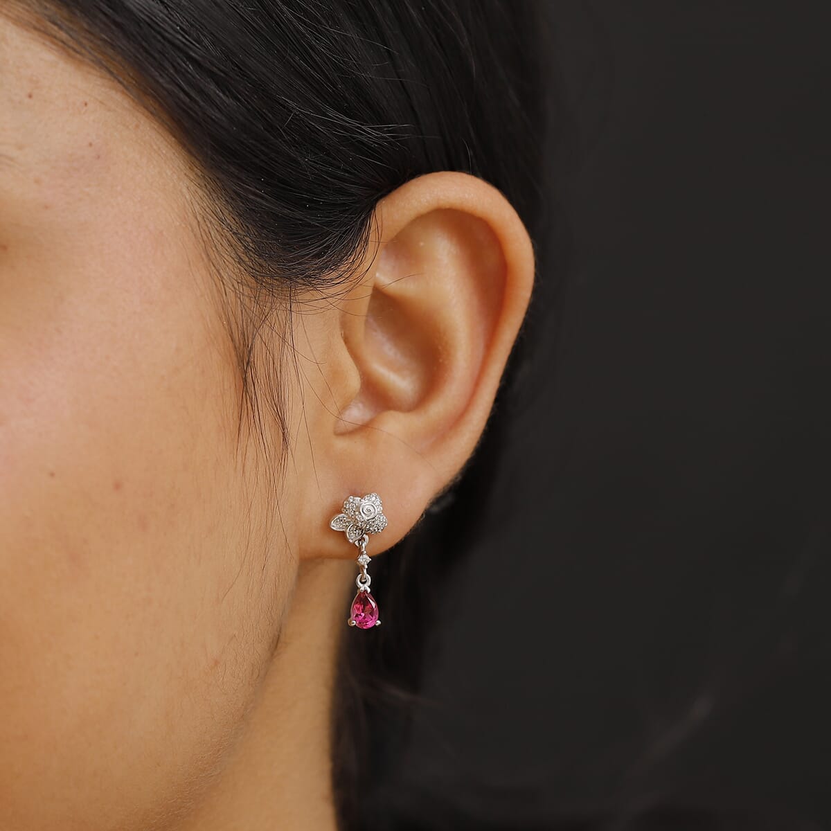 Luxuriant Bixbite (LG) and White Zircon 1.10 ctw Flower Drop Earrings in Rhodium Over Sterling Silver image number 1