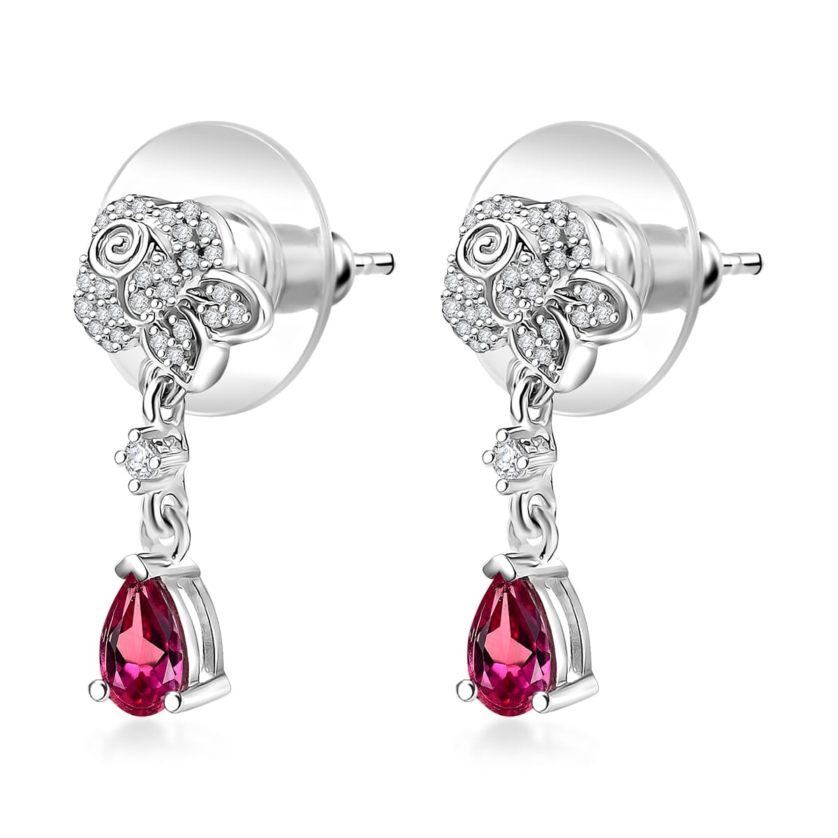 Luxuriant Bixbite (LG) and White Zircon 1.10 ctw Flower Drop Earrings in Rhodium Over Sterling Silver image number 2