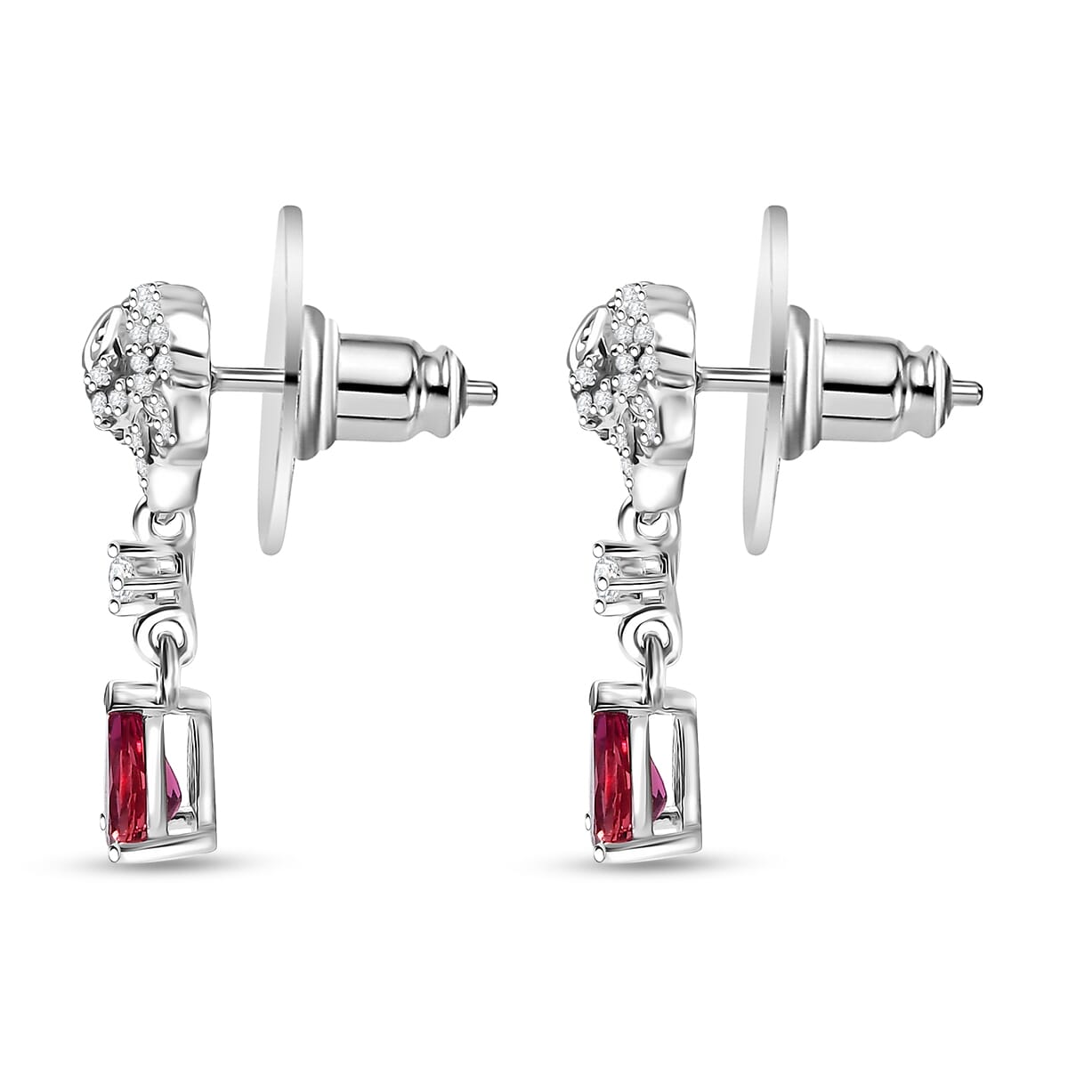 Luxuriant Bixbite (LG) and White Zircon 1.10 ctw Flower Drop Earrings in Rhodium Over Sterling Silver image number 3