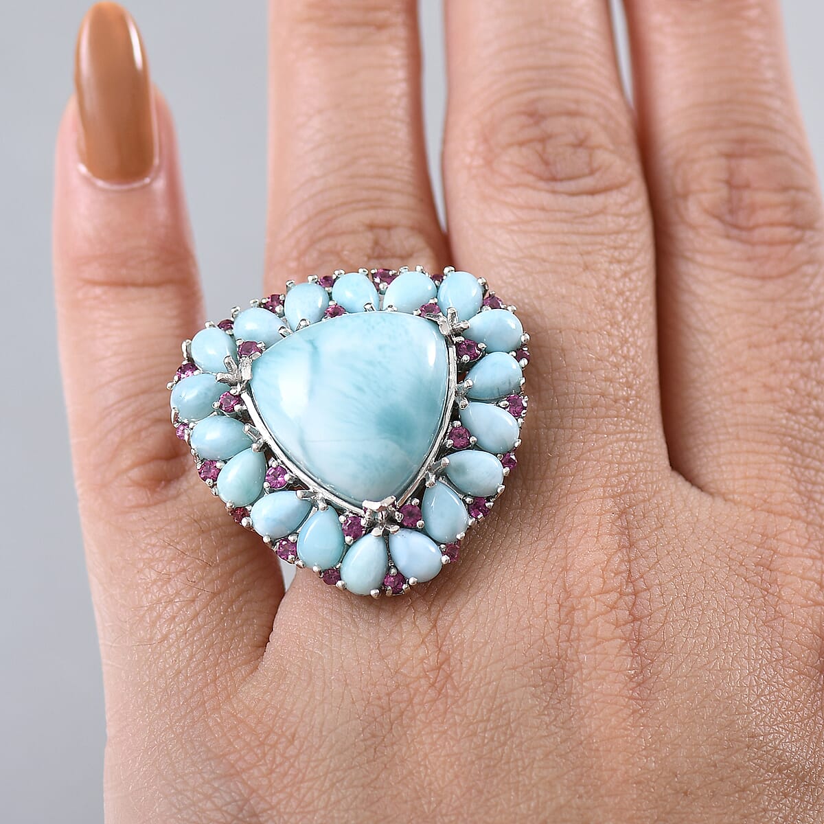 Premium Larimar and Orissa Rhodolite Garnet 27.10 ctw Ring in Rhodium Over Sterling Silver (Size 10.0) image number 2