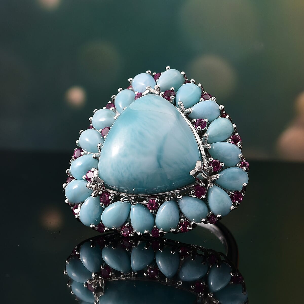 Premium Larimar and Orissa Rhodolite Garnet 27.10 ctw Ring in Rhodium Over Sterling Silver (Size 8.0) image number 1