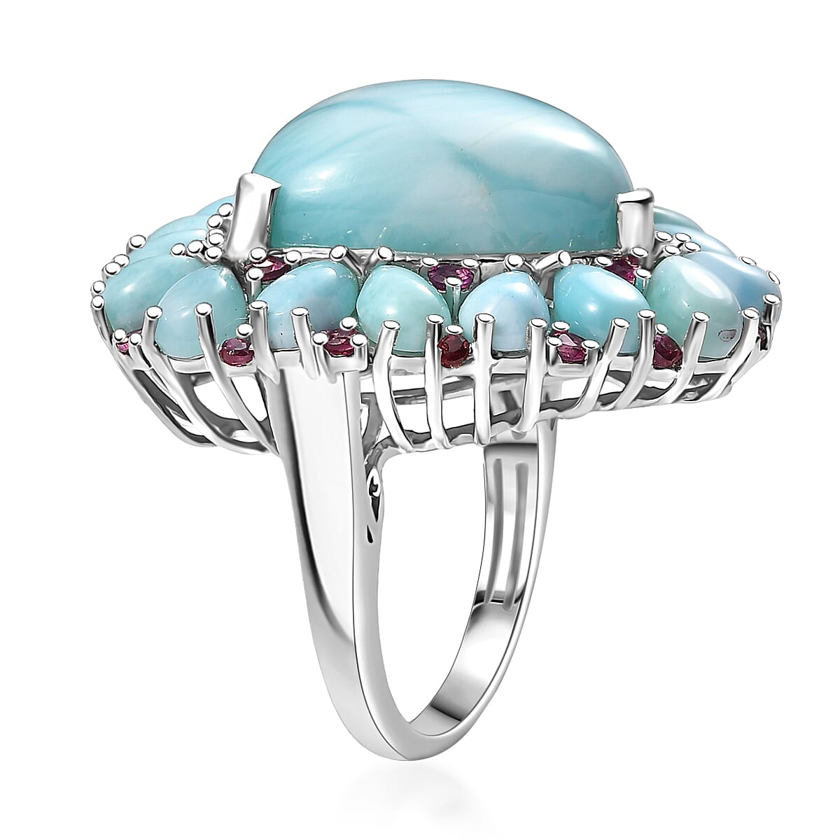 Premium Larimar and Orissa Rhodolite Garnet 27.10 ctw Ring in Rhodium Over Sterling Silver (Size 8.0) image number 3