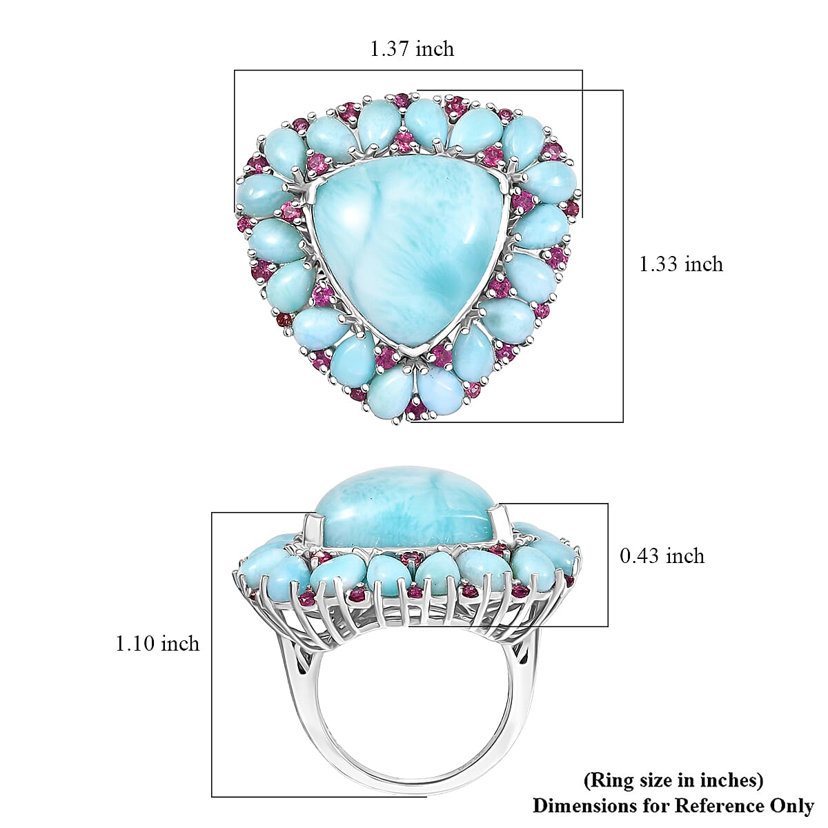 Premium Larimar and Orissa Rhodolite Garnet 27.10 ctw Ring in Rhodium Over Sterling Silver (Size 8.0) image number 5