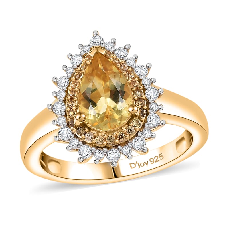 D'Joy Premium Brazilian Heliodor and Multi Gemstone 1.65 ctw Sunlit Raindrop Ring in 18K Yellow Gold Vermeil Sterling Silver (Size 10.0)