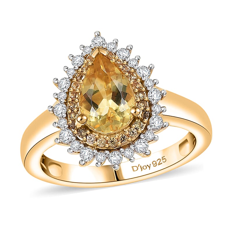 D'Joy Premium Brazilian Heliodor and Multi Gemstone 1.65 ctw Sunlit Raindrop Ring in 18K Yellow Gold Vermeil Sterling Silver (Size 10.0) 