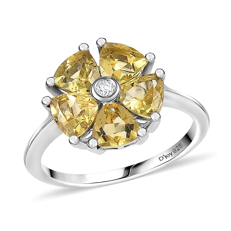 D'Joy Premium Brazilian Heliodor and Moissanite 2.00 ctw Sunflower Spark Ring in Rhodium Over Sterling Silver (Size 10.0) 