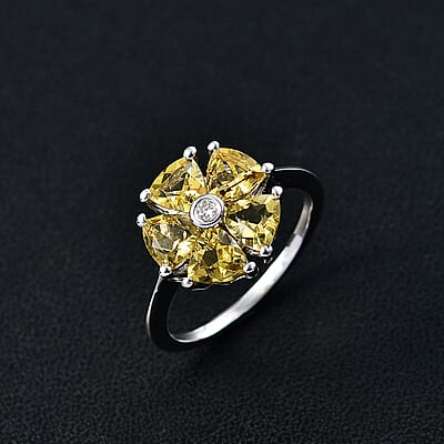 D'Joy Premium Brazilian Heliodor and Moissanite 2.00 ctw Sunflower Spark Ring in Rhodium Over Sterling Silver (Size 10.0) 