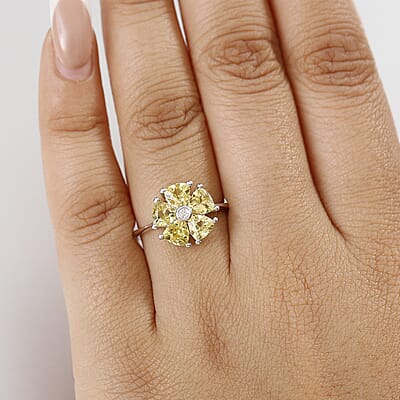 D'Joy Premium Brazilian Heliodor and Moissanite 2.00 ctw Sunflower Spark Ring in Rhodium Over Sterling Silver (Size 10.0) 