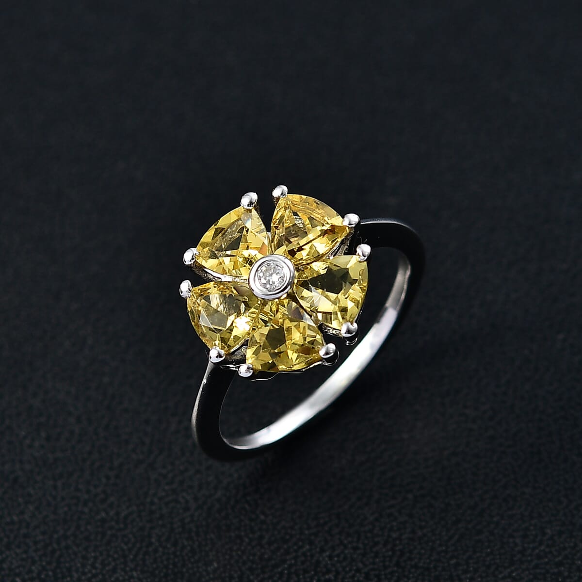 D'Joy Premium Brazilian Heliodor and Moissanite 2.00 ctw Sunflower Spark Ring in Rhodium Over Sterling Silver (Size 5.0)  image number 1