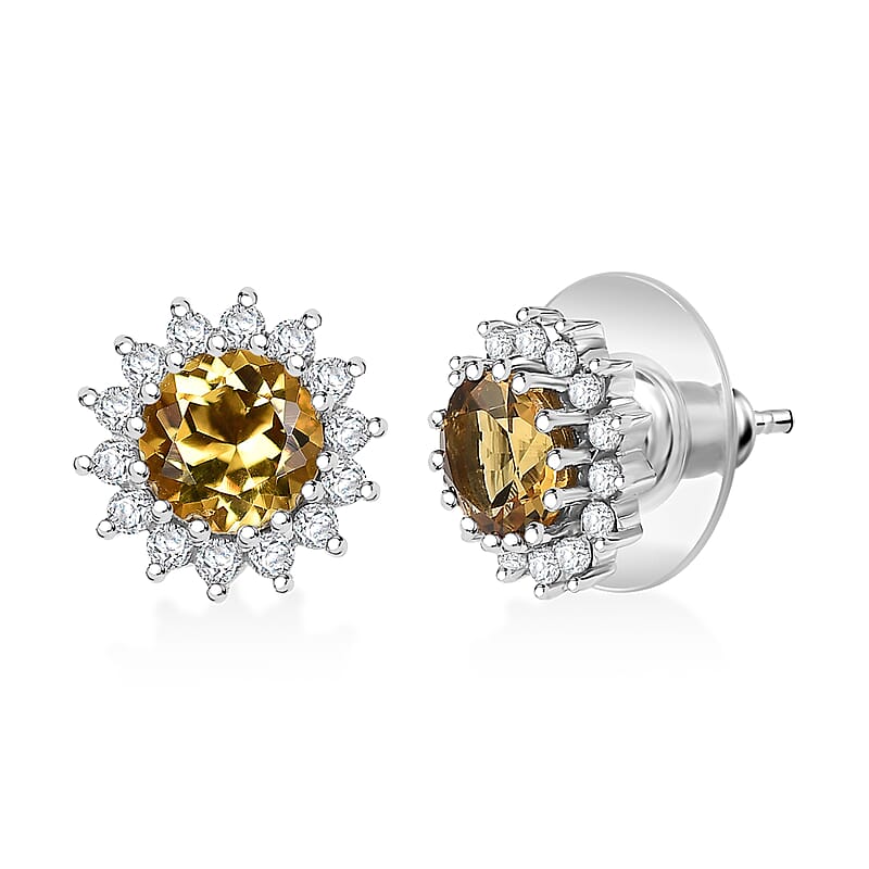 D'Joy Premium Brazilian Heliodor and White Zircon 2.15 ctw Sunburst Earrings in Rhodium Over Sterling Silver