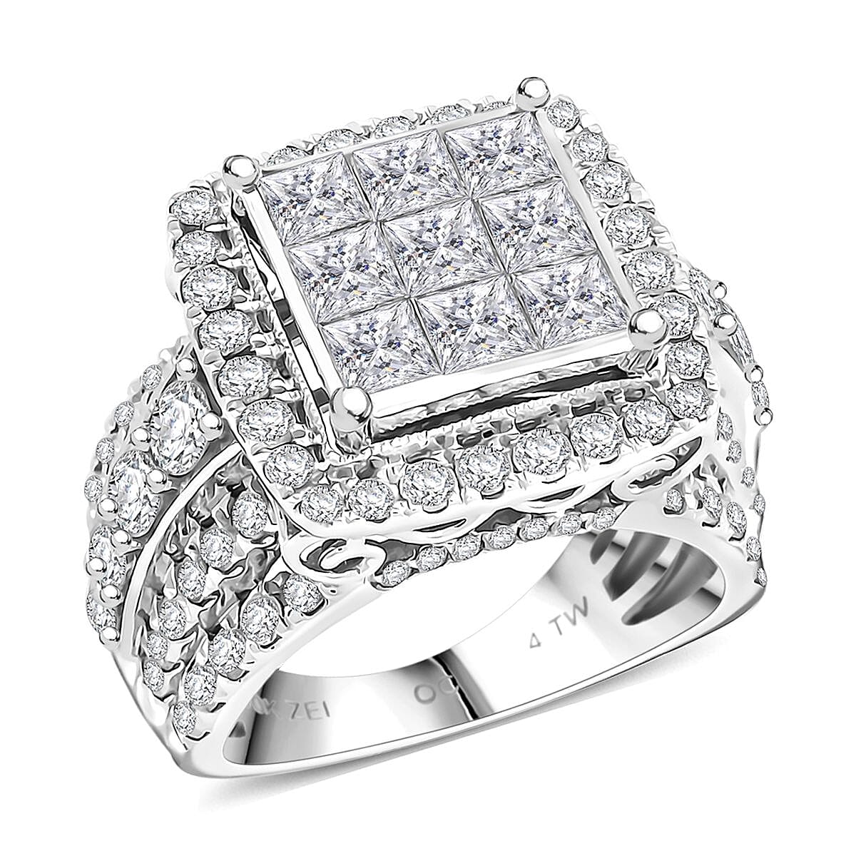 NY Closeout Deal Princess Cut Diamond G-H SI-I1 4.00 ctw Ring in 10K White Gold (Size 10.0) 9.68 Grams (Delivery in 7-10 days)