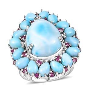 Premium Larimar and Orissa Rhodolite Garnet 21.35 ctw Floral Ring in Rhodium Over Sterling Silver (Size 10.0)