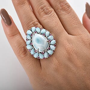 D'Joy Premium Larimar and Orissa Rhodolite Garnet 21.35 ctw Floral Ring in Rhodium Over Sterling Silver (Size 6.0)