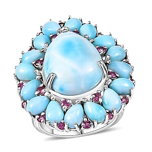 D'Joy Premium Larimar and Orissa Rhodolite Garnet 21.35 ctw Floral Ring in Rhodium Over Sterling Silver (Size 9.0)