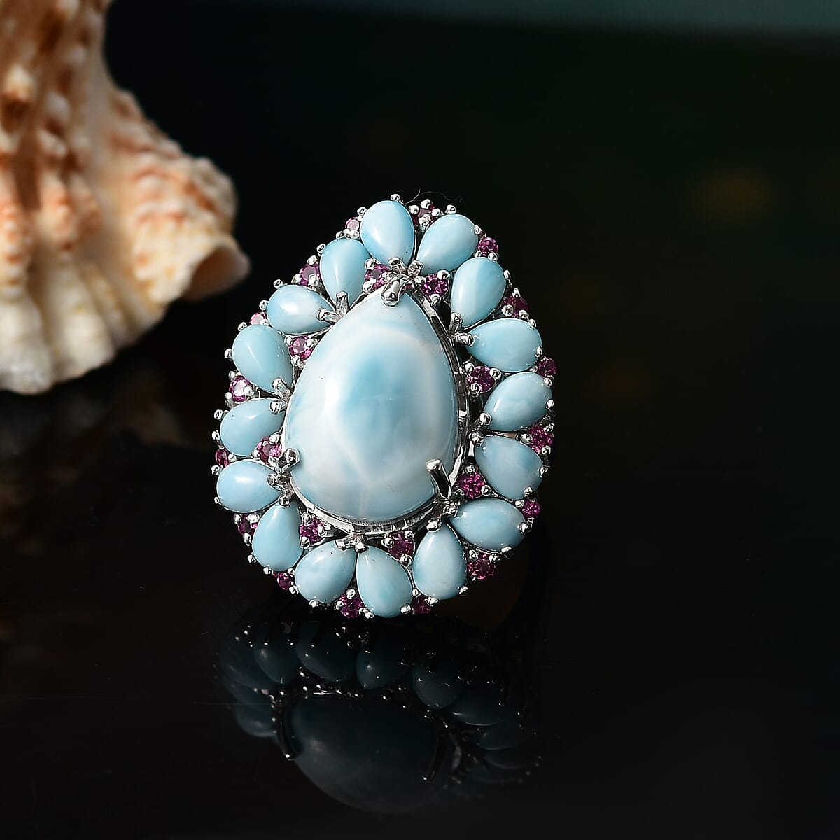 D'Joy Premium Larimar and Orissa Rhodolite Garnet 21.35 ctw Floral Ring in Rhodium Over Sterling Silver (Size 9.0) image number 1
