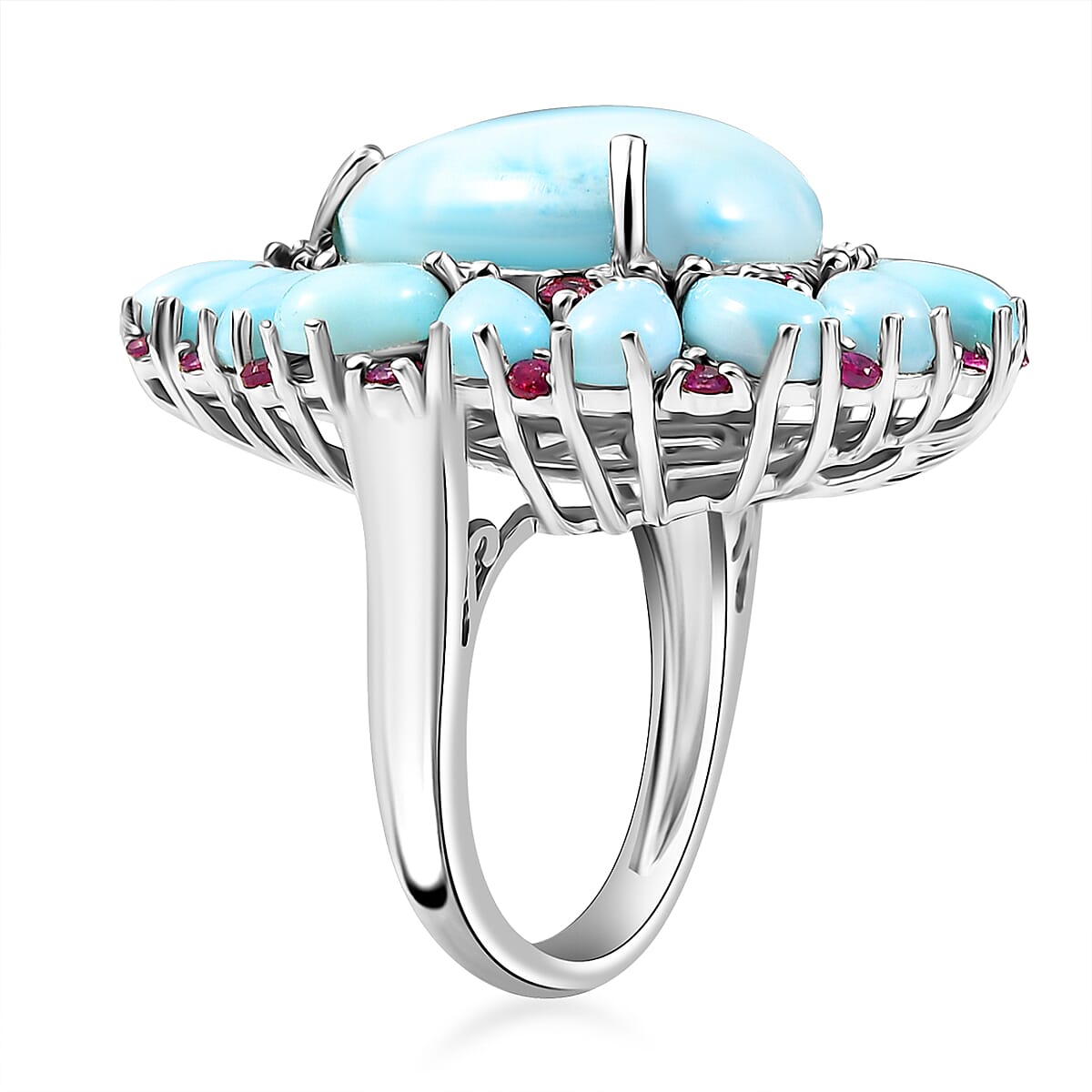 D'Joy Premium Larimar and Orissa Rhodolite Garnet 21.35 ctw Floral Ring in Rhodium Over Sterling Silver (Size 9.0) image number 3