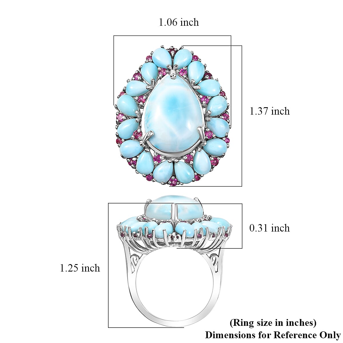 D'Joy Premium Larimar and Orissa Rhodolite Garnet 21.35 ctw Floral Ring in Rhodium Over Sterling Silver (Size 9.0) image number 5