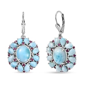 Premium Larimar and Orissa Rhodolite Garnet 24.20 ctw Lever Back Earrings in Rhodium Over Sterling Silver