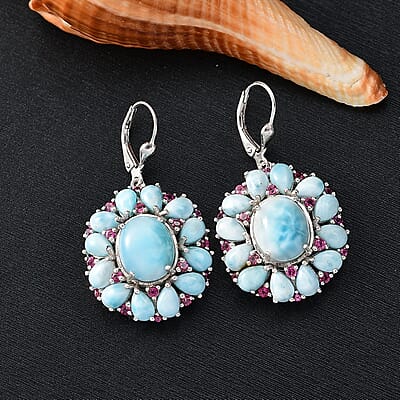 D'Joy Premium Larimar and Orissa Rhodolite Garnet 24.20 ctw Lever Back Earrings in Rhodium Over Sterling Silver