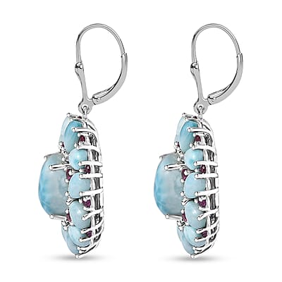 D'Joy Premium Larimar and Orissa Rhodolite Garnet 24.20 ctw Lever Back Earrings in Rhodium Over Sterling Silver
