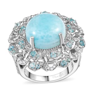 Larimar and Multi Gemstone 12.50 ctw Fish Ring in Rhodium Over Sterling Silver (Size 10.0)