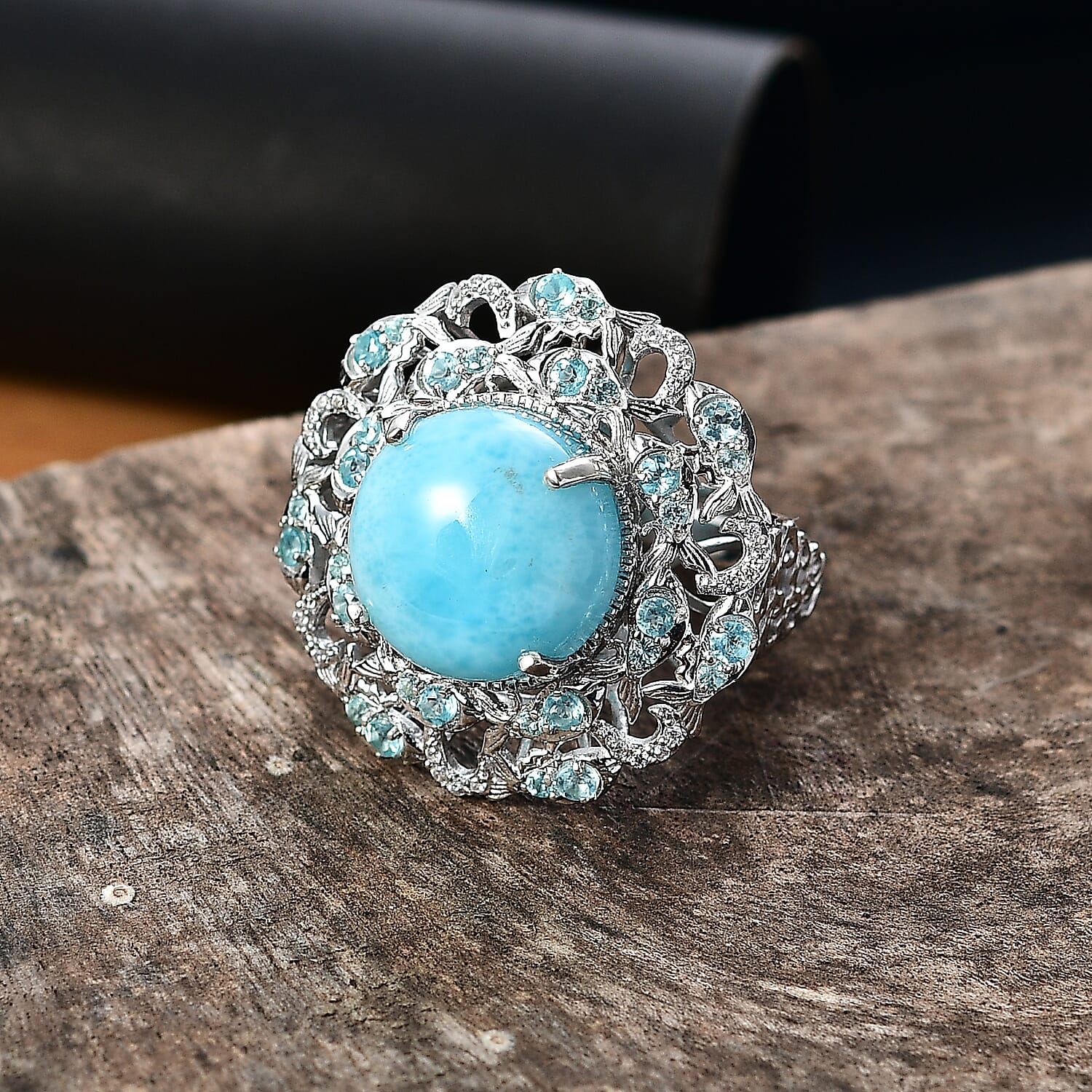 D'Joy Larimar and Multi Gemstone 12.50 ctw Fish Ring in Rhodium Over Sterling Silver (Size 7.0)
