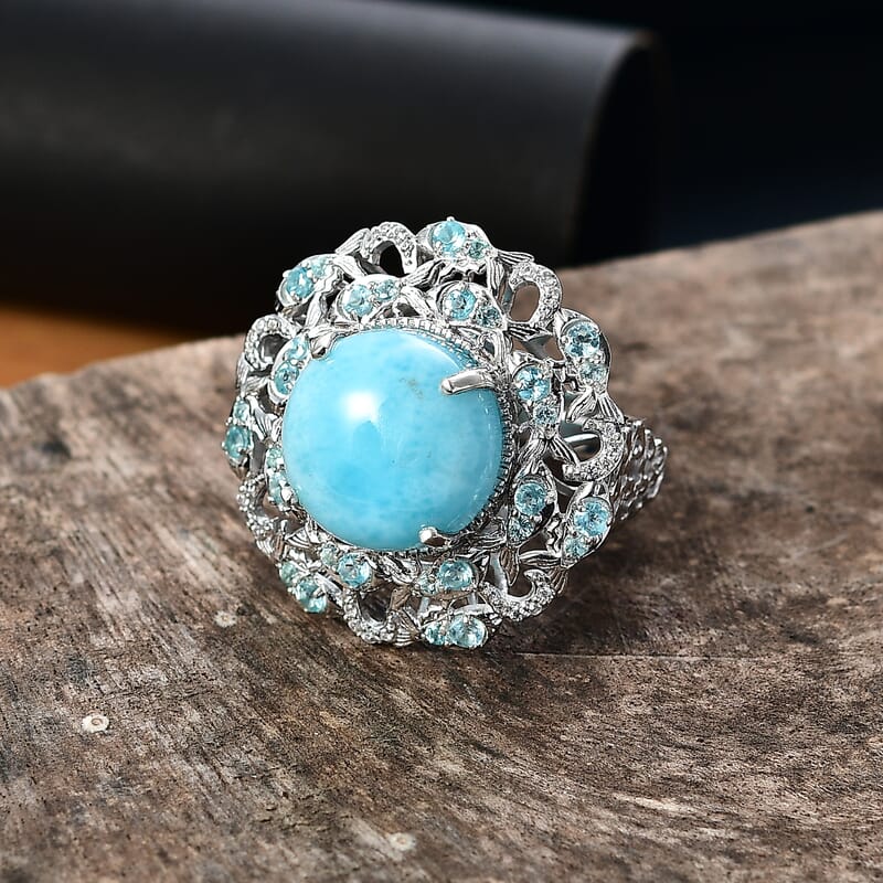 D'Joy Larimar and Multi Gemstone 12.50 ctw Fish Ring in Rhodium Over Sterling Silver (Size 7.0)