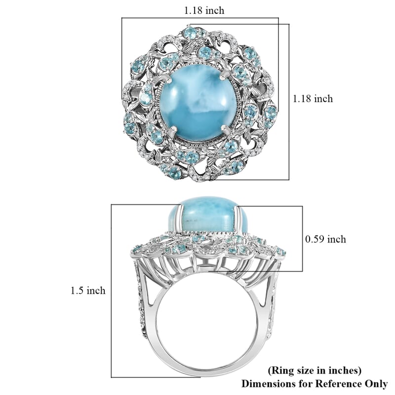 D'Joy Larimar and Multi Gemstone 12.50 ctw Fish Ring in Rhodium Over Sterling Silver (Size 7.0)