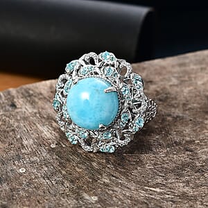 D'Joy Larimar and Multi Gemstone 12.50 ctw Fish Ring in Rhodium Over Sterling Silver (Size 9.0)