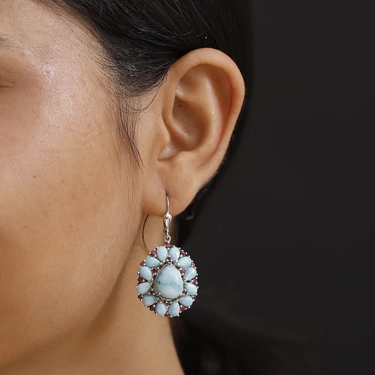 D'Joy Premium Larimar and Orissa Rhodolite Garnet 23.25 ctw Lever Back Earrings in Rhodium Over Sterling Silver image number 2
