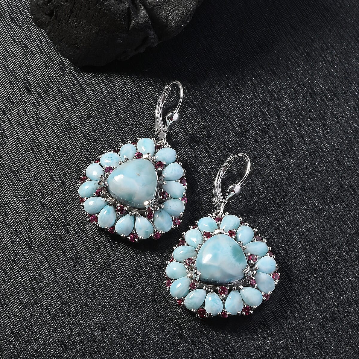 D'Joy Premium Larimar and Orissa Rhodolite Garnet 27.25 ctw Lever Back Earrings in Rhodium Over Sterling Silver image number 1
