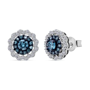 Luxuriant Lab Grown Blue and White Diamond SI 1.00 ctw Ocean Empress Earrings in Rhodium Over Sterling Silver