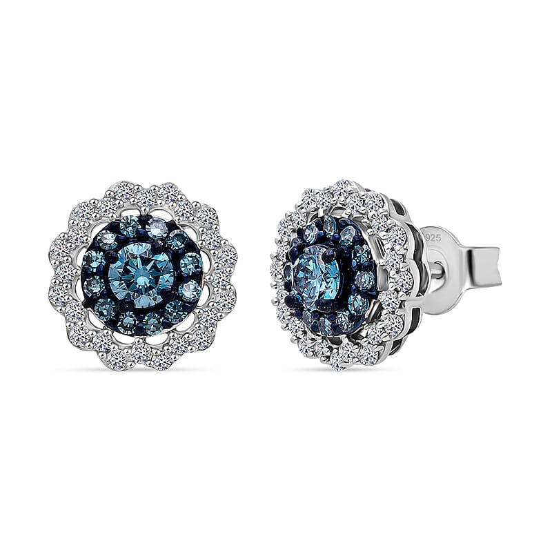 Luxuriant Lab Grown Blue Diamond (IR), Lab Grown White Diamond SI 1.00 ctw Ocean Empress Earrings in Rhodium Over Sterling Silver
