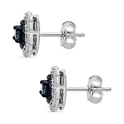 Luxuriant Lab Grown Blue Diamond (IR), Lab Grown White Diamond SI 1.00 ctw Ocean Empress Earrings in Rhodium Over Sterling Silver