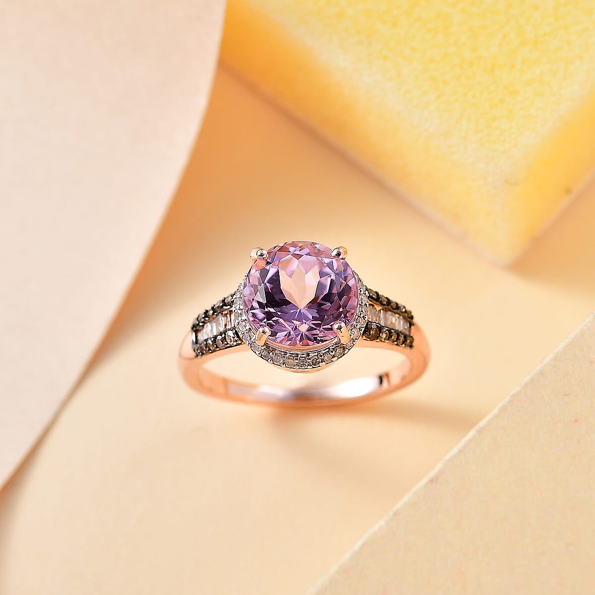 D'Joy Premium Martha Rocha Kunzite, Natural Champagne and White Diamond 3.80 ctw Twilight Blossom Ring in 18K Vermeil Rose Gold Over Sterling Silver (Size 6.0) image number 1