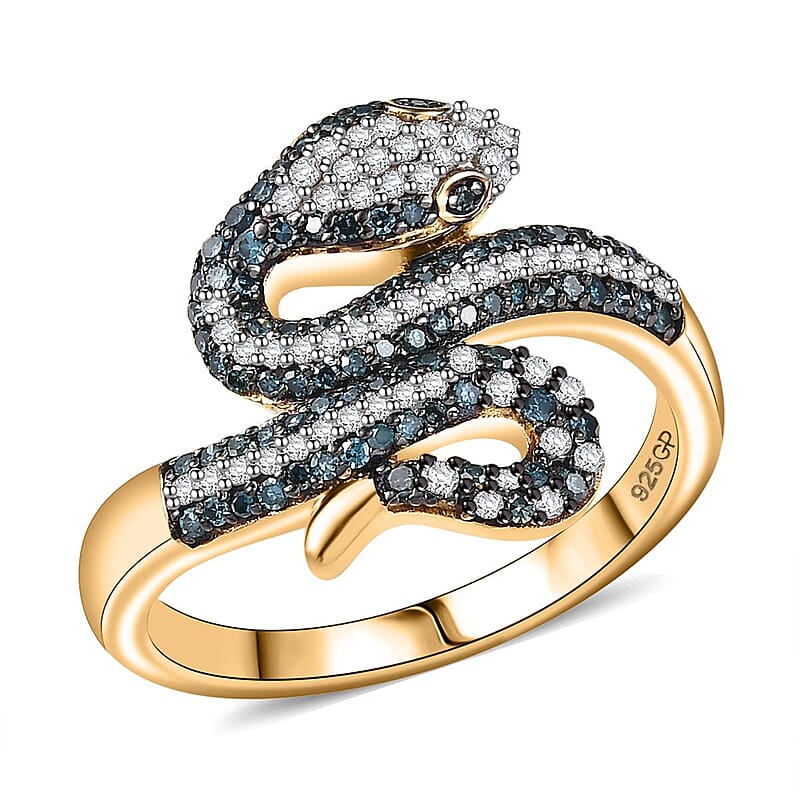 GP Trionfo Collection Blue and White Diamond 0.60 ctw Serpent Ring in 18K Vermeil Yellow Gold Over Sterling Silver (Size 10.0)