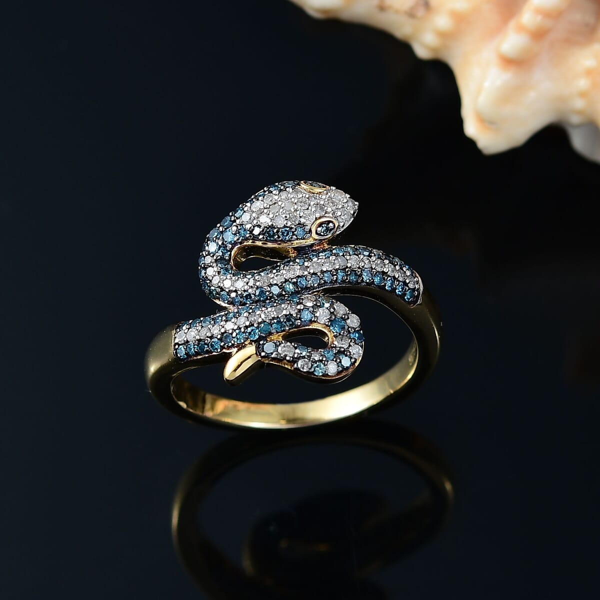 GP Trionfo Collection Blue and White Diamond 0.60 ctw Serpent Ring in 18K Vermeil Yellow Gold Over Sterling Silver (Size 10.0) image number 1