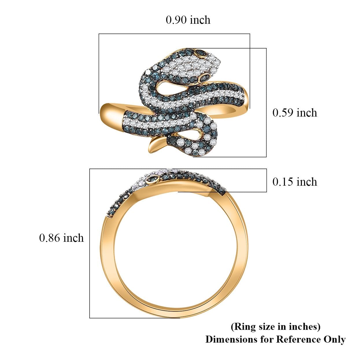 GP Trionfo Collection Blue and White Diamond 0.60 ctw Serpent Ring in 18K Vermeil Yellow Gold Over Sterling Silver (Size 10.0) image number 5