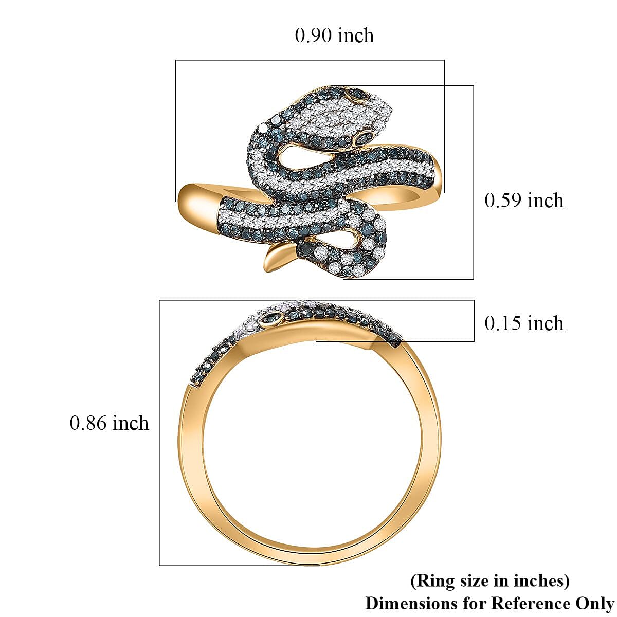 GP Trionfo Collection Blue and White Diamond 0.60 ctw Serpent Ring in 18K Vermeil Yellow Gold Over Sterling Silver (Size 8.0) image number 5