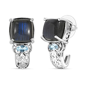 EverTrue Malagasy Labradorite and Sky Blue Topaz 9.50 ctw Hoop Earrings in Platinum Bond