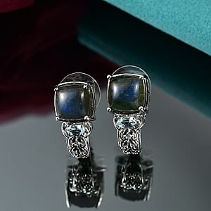 EverTrue Malagasy Labradorite and Sky Blue Topaz 9.50 ctw Hoop Earrings in Platinum Bond
