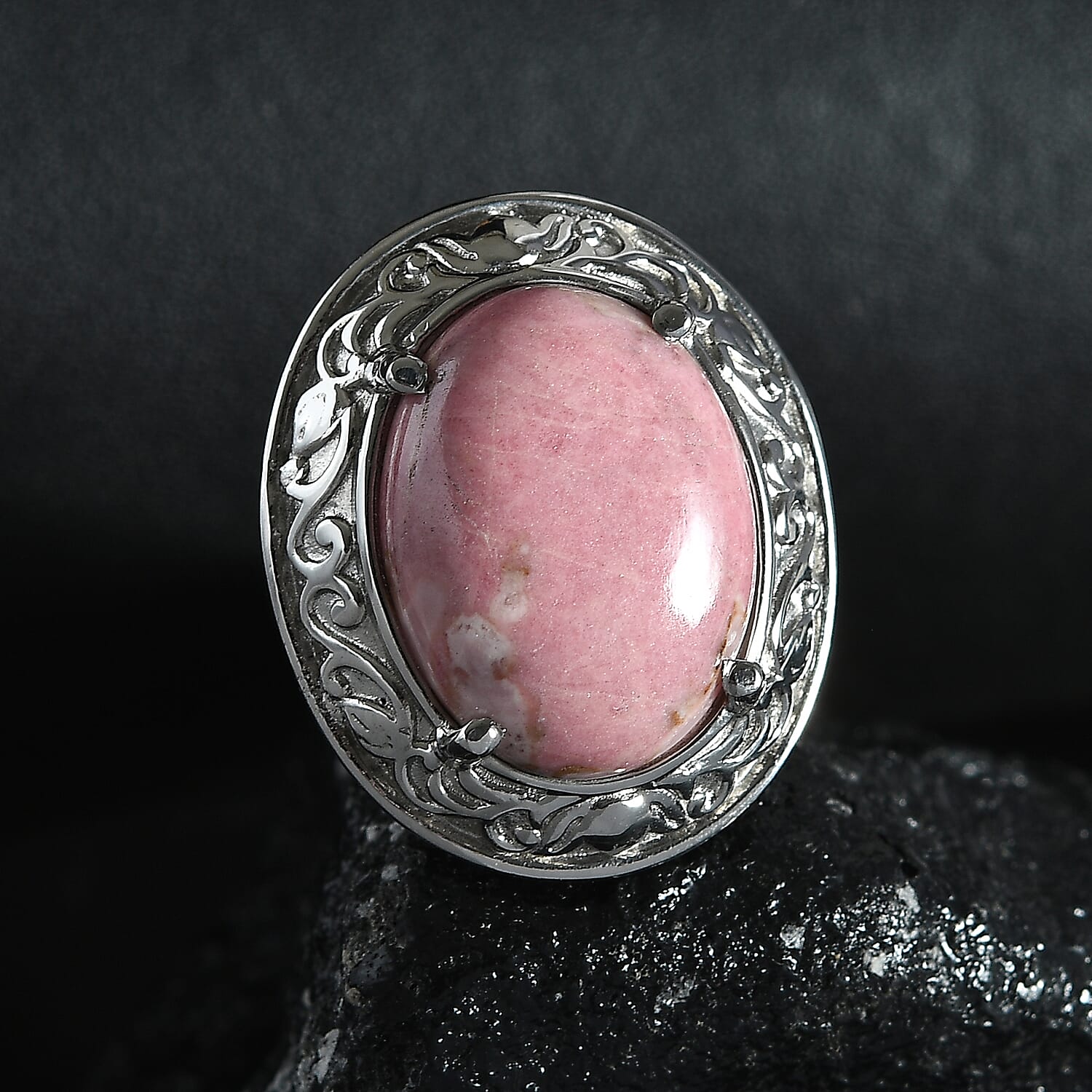 Rhodonite 20.85 ctw Solitaire Ring in Stainless Steel (Size 10.0) 