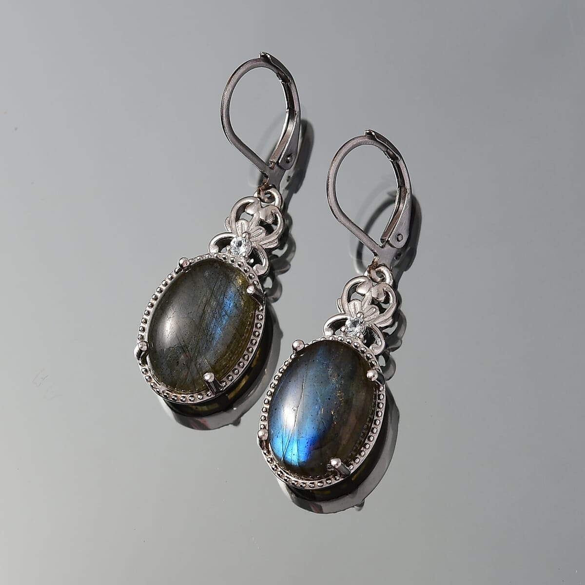 Karis Malagasy Labradorite and Blue Topaz 13.50 ctw Lever Back Earrings in Platinum Bond image number 1