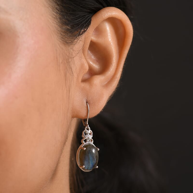 Karis Malagasy Labradorite and Blue Topaz 13.50 ctw Lever Back Earrings in Platinum Bond