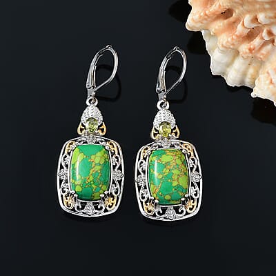 Karis Mojave Green Turquoise and Simulated Green Diamond 12.50 ctw Lever Back Earrings in 18K YG Plated and Platinum Bond