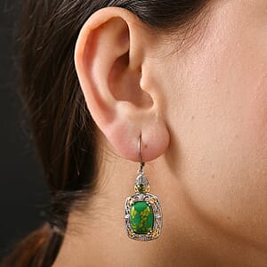Karis Mojave Green Turquoise and Simulated Green Diamond 12.50 ctw Lever Back Earrings in 18K YG Plated and Platinum Bond