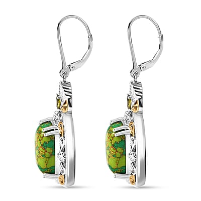 Karis Mojave Green Turquoise and Simulated Green Diamond 12.50 ctw Lever Back Earrings in 18K YG Plated and Platinum Bond