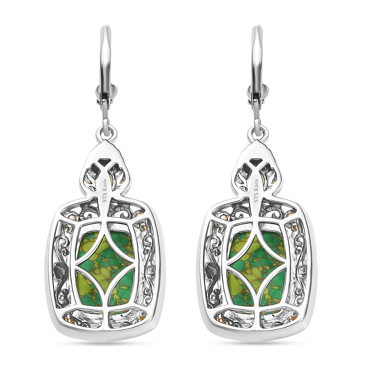 Karis Mojave Green Turquoise and Simulated Green Diamond 12.50 ctw Lever Back Earrings in 18K YG Plated and Platinum Bond