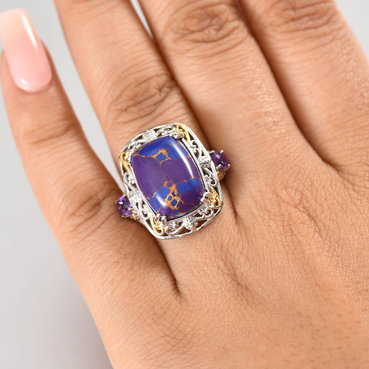 Karis Mojave Purple Turquoise and African Amethyst 9.60 ctw Ring in 18K YG Plated and Platinum Bond (Size 11.0) image number 2