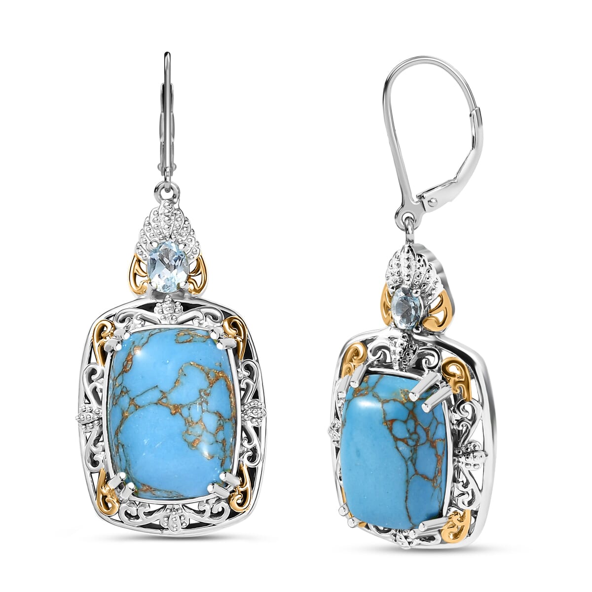Karis Mojave Blue Turquoise and Sky Blue Topaz 12.90 ctw Lever Back Earrings in 18K YG Plated and Platinum Bond image number 0